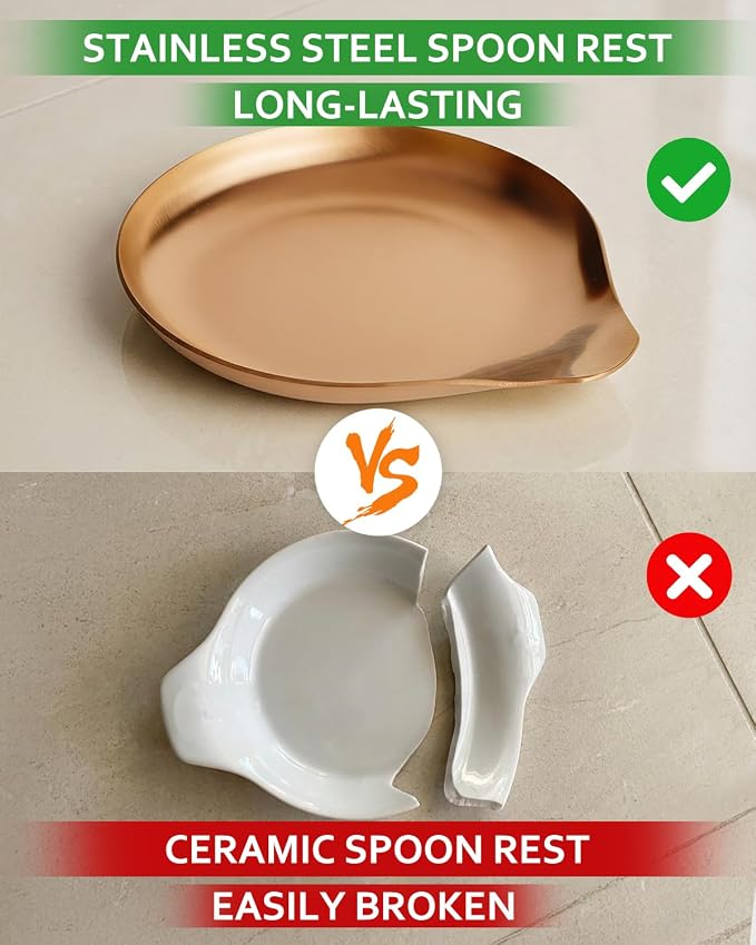 VanlonPro Stainless Steel Spoon Rest, Spatula Ladle Holder, Stainless Steel Utensil Spoon Rest Holder, Brushed Finish, Dishwasher Safe 5.9 x 5.1 Inch (Round Rose Gold 1PC)
