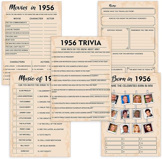 QUPT 70th Birthday Party Games, Born in 1956 Games Bundle, Set of 5 Activities for 10 Guests, Birthday Party Supplies for Adults, Pack of 50 Cards