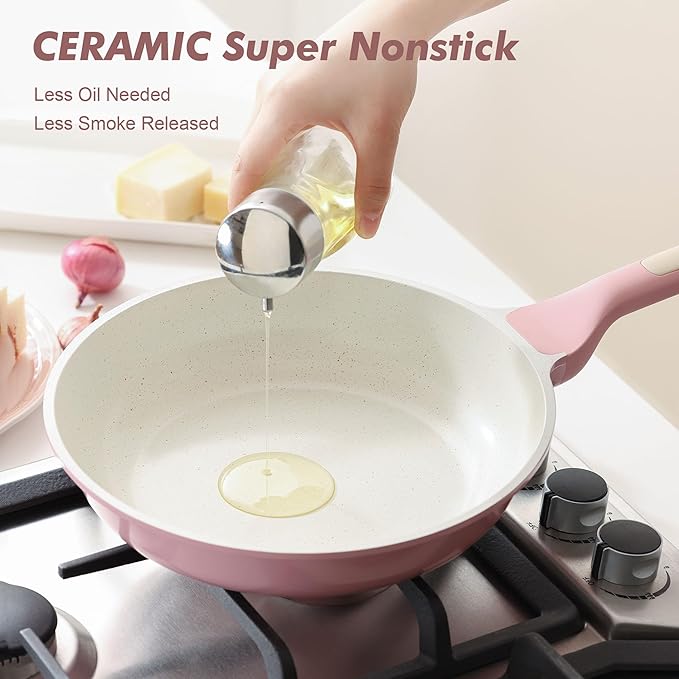 SENSARTE Nonstick Ceramic Frying Pan with Lid 12.5 Inch Cooking Pan Skillet, Free of Intentionally Added PFAS/PTFE Non-toxic Chef's Pan Induction Compatible Pan, Heat Resistant Handle, Sakura Pink