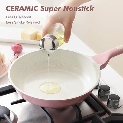 SENSARTE Nonstick Ceramic Frying Pan with Lid 11 Inch Omelet Pan Skillet, Free of Intentionally Added PFAS/PTFE Non-toxic Chef's Pan Induction Compatible Pan, Heat Resistant Handle, Sakura Pink
