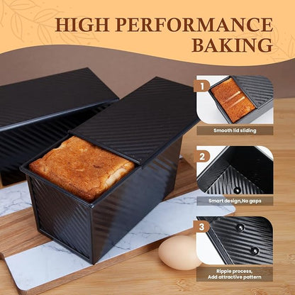 CARTMAN Bread Loaf Pan 2 Pack, 1 LB Pullman Loaf Pan with lid and a Silicone Spatula and Basting Pastry Brush, 1 LB Dough Capacity,Non-Stick Carbon Steel bread pans for homemade bread