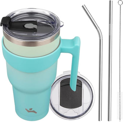 Konokyo 40 oz Tumbler with Handle and 2 Straw 2 Lid, Insulated Water Bottle Stainless Steel Vacuum Cup Reusable Travel Mug, Mint