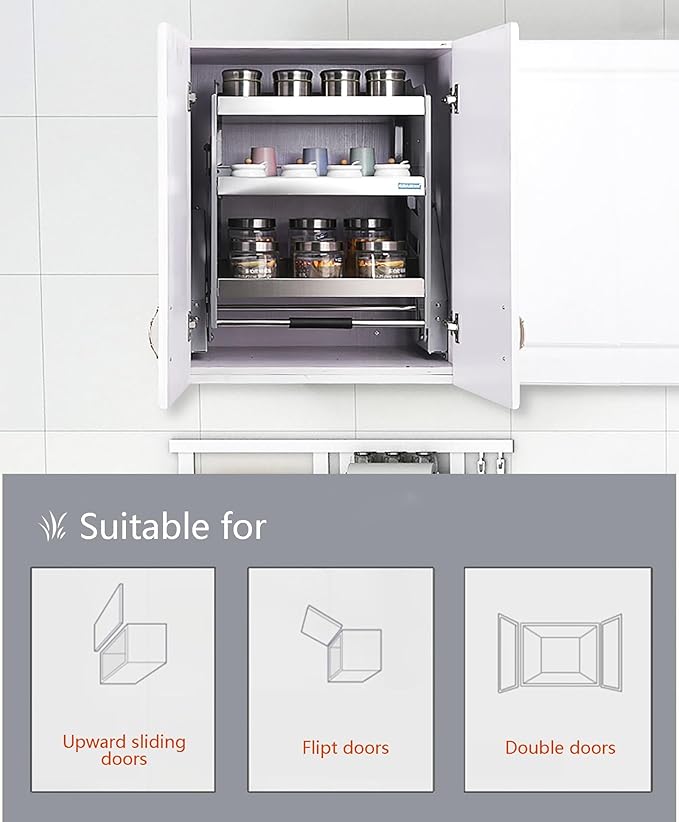 3-Tier Kitchen Cabinet Pull Down Shelf, Heavy-Duty Shelf Lifting Basket for Upper Kitchen Wall Cabinet, Metal Dish and Spice Rack System Lift Upper Cabinet