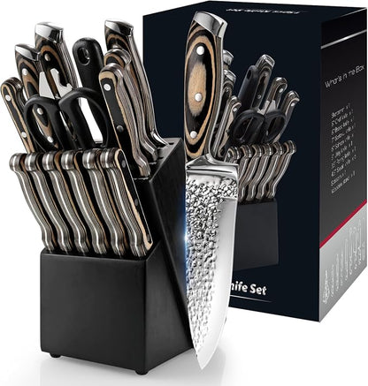 Knife Sets for Kitchen,15-piece Hammered Desgin Knife Set with Block and Sharpener, High Carbon Stainless Steel Chef Knives with Grey Triple Rivet Handle, Ultra Sharp and Dishwash Safe