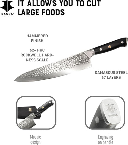 KANKA 10-inch 67 Layers Damascus Steel Profesional Chef Knife - Extra Long, G10 Black Fiberglass Handle, Razor Sharp Knife. Wood Sheath Included