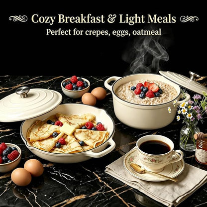 Nonstick Enameled Cast Iron Cookware Set - 8 Piece Pots and Pans with Lid, Frying Pan, Skillet, Dutch Oven Set for All Stovetops, Ideal for Sourdough Bread Baking, Cream White