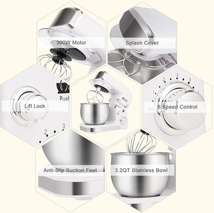 Kitchen in the box Stand Mixer,3.2Qt Mini Electric Food Mixer,6 Speeds Portable Lightweight Kitchen Mixer for Daily Use with Egg Whisk,Dough Hook,Flat Beater (White)