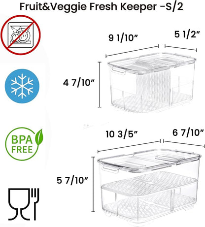 vacane Produce Saver with Lids, 2 Piece Fruit Vegetable Storage Container with Vents Stackable Fridge Drawers Organizer Salad Lettuce Keeper For Refrigerator,Bpa-free Fresh Keeper,5.7L&2.8L