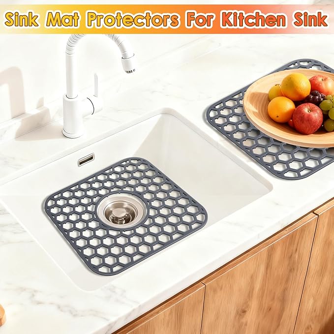 2PCS Silicone Sink Protectors for Kitchen Sink, 12.4" × 11.5" Silicone Sink Mat with 2 Filter Screen, Center Drain Hole, Heat Resistant Non-Slip, Dishwasher Suitable(Dark Gray)