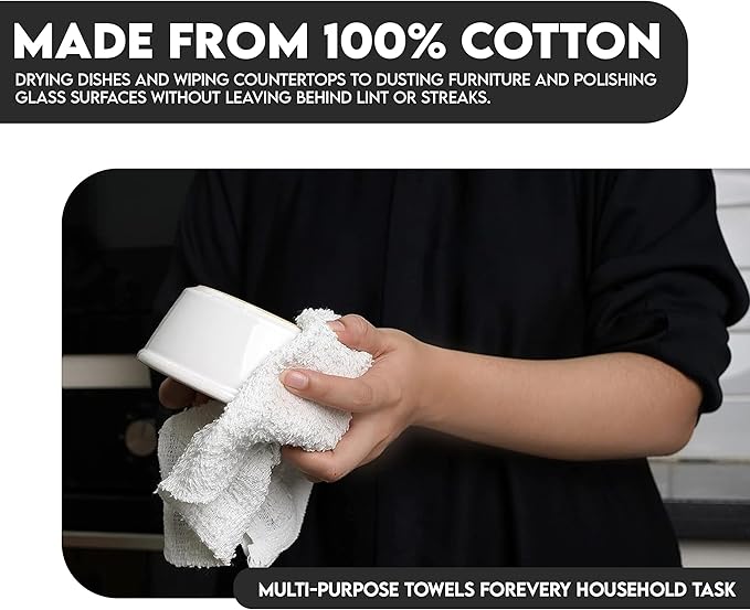 Terry Bar Mop Towels - 24 Pack (14"x17") White Cotton Terry Cloths, Super Absorbent Cleaning Rags, Reusable Bar Mop Towels for Kitchen, Garage, Salon, Spa & Commercial Use