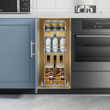 ROOMTEC Pull Out Spice Rack for Narrow Cabinet (8½" W X 20½" D),3 Tier Slide Out Cabinet Organizer and Pull Out Shelves Under Cabinet Storage for Kitchen, Chrome