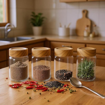 6-Pack 8 fl oz Stackable Airtight Glass Jars (with Acacia Wood Lids + Sticker Labels) – Small Mason Jars designed for overnight oats, spices, dry goods, and kitchen organization.