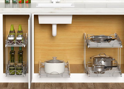 OCG Pull Out Cabinet Organizer 2 Pack (21" W x 21" D), Pull out Shelves 1 Tier, Cabinet Slide Out Shelves for Base Cabinet Organization in Kitchen Bathroom Pantry, Bottom Mount, Chrome Finish