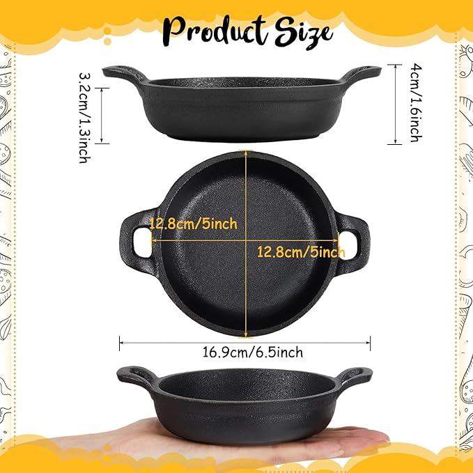 Ziliny Mini Cast Iron Skillets 5 x 5 x 1.3 Inch Cast Iron Pan Small Ramekin Set Black Casserole Dish Cookware Oven Safe Mini Skillets for Kitchen Indoor Outdoor Picnic (2 Pack)