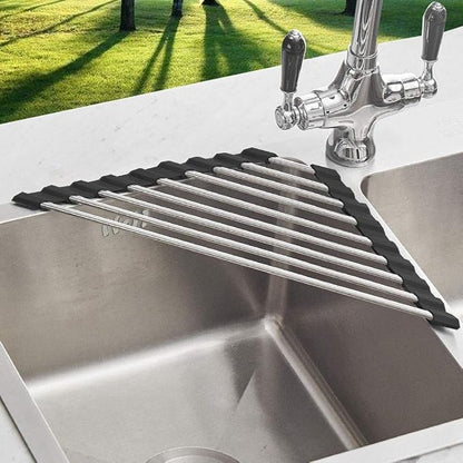 Triangle Dish Drying Rack for Sink Corner Roll Up Dish Drying Rack Folding Stainless Steel Multipurpose Over The Sink Corner Dish Drainer Mat for Kitchen (Black)
