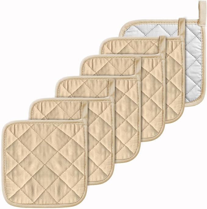 Kitchen Pot Holders Set Heat Resistant Pure Cotton Potholders Kit Trivets Large Coasters Hot Pads Terry Pot Holders for Everyday Cooking and Baking by 7 x 7 Inch Set of 6 Beige