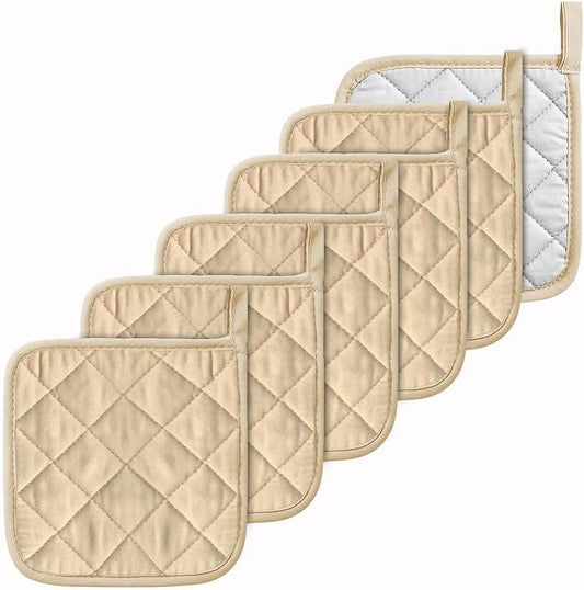 Kitchen Pot Holders Set Heat Resistant Pure Cotton Potholders Kit Trivets Large Coasters Hot Pads Terry Pot Holders for Everyday Cooking and Baking by 7 x 7 Inch Set of 6 Beige