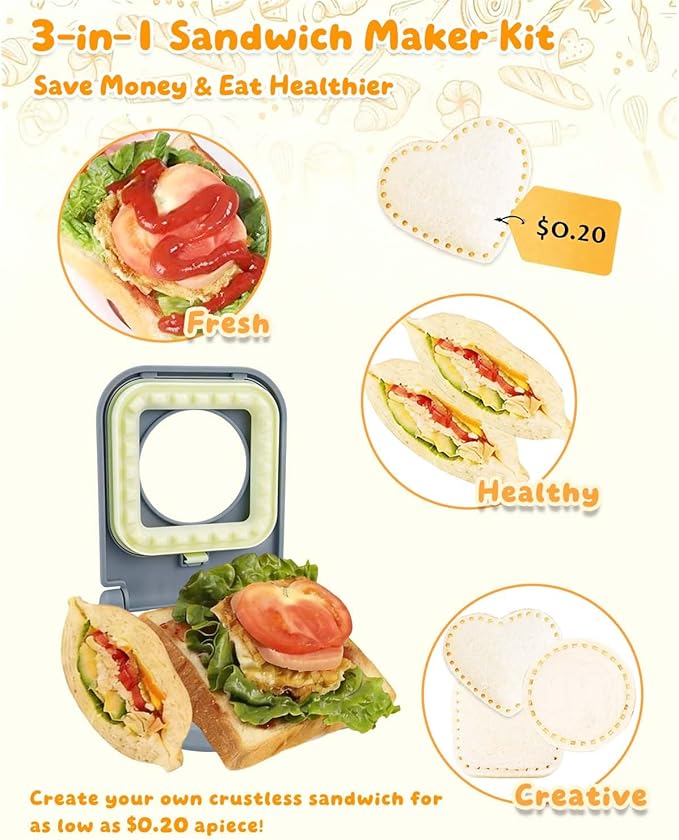 CHICHAUS Uncrustable Sandwich Maker,Sandwiches Pocket Circle Shape 3.7Inch Sandwich Cutter and Sealer,Sandwich Cutter for Kids Breakfast and lunchboxes (3-Shape Grey)