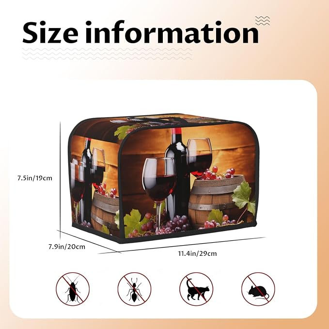 Red Wine Glass Grapes Theme 2 Slice Toaster Cover Wide Slot Dustproof Bread Maker Cover Fingerprint Protection Kitchen Appliance Cover Toaster Bag