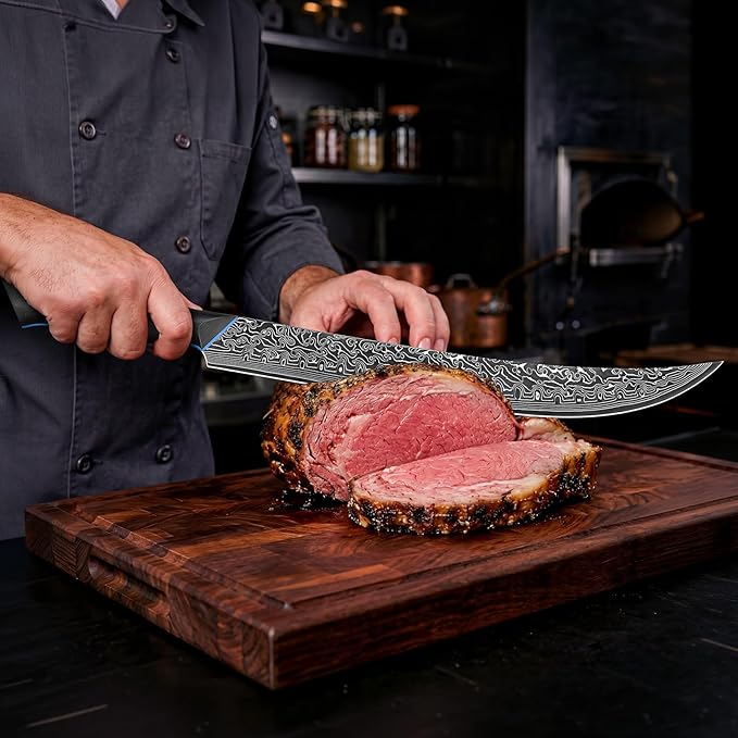 FINTISO Carving Brisket Knife 11.6 Inch, 67-Layer Damascus Steel Breaking Knife with Curved Blade, Slicing and Butcher Knives for Meat Cutting with Ergonomic G10 Handle - Zeus Series