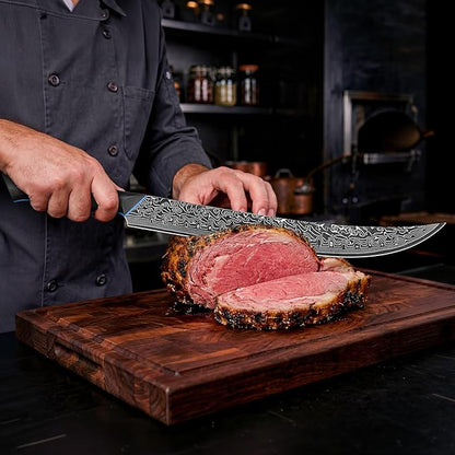 FINTISO Carving Brisket Knife 11.6 Inch, 67-Layer Damascus Steel Breaking Knife with Curved Blade, Slicing and Butcher Knives for Meat Cutting with Ergonomic G10 Handle - Zeus Series