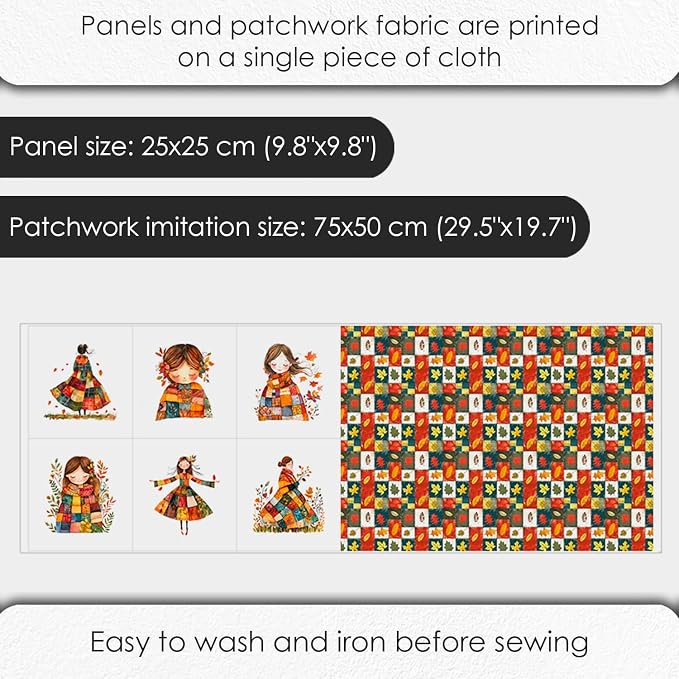 Autumn Girls Patchwork Cotton Fabric Panel – 6 Designs (10×10 inch Each) + Bonus Patchwork Sheet 29.5×19.6 inch, 100% Cotton 140 GSM