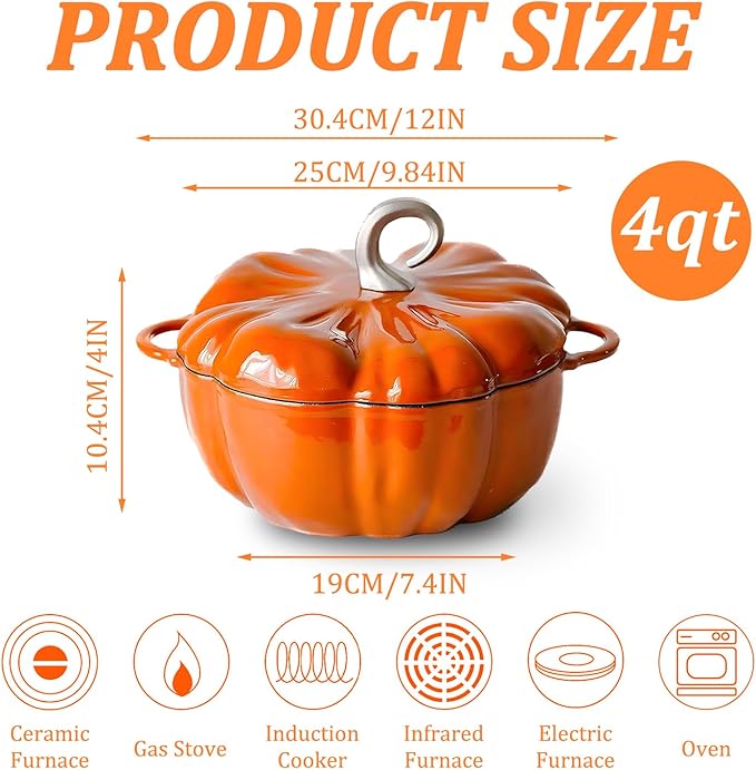 Pumpkin Cast Iron Dutch Oven, 4qt Pumpkin-Shaped Cocotte, Enamel Cast Iron Cooking Pot with Lid, Soup Pot - Serves 3-5, Christmas Thanksgiving Decor Gift, for Various Stoves