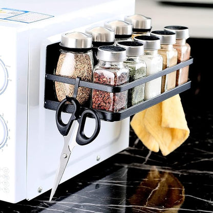 Magnetic Spice Rack with 4 Removable Hooks, Strong Magnet Spice Shelf for Spices, Cooking Oils, Salt, Pepper, Works Perfectly on the Side of Refrigerator for Small Kitchen/Apartment (Black)