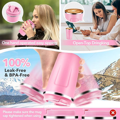 Volhoply 12 oz Double Wall Insulated Vacuum Travel Coffee Mug with Flip Lid Bulk 4 Pack,Reusable Stainless Steel Leak Proof Coffee Cups,Portable Cafe Thermal Tumbler for Hot & Cold Drinks(Pink,4 Set)