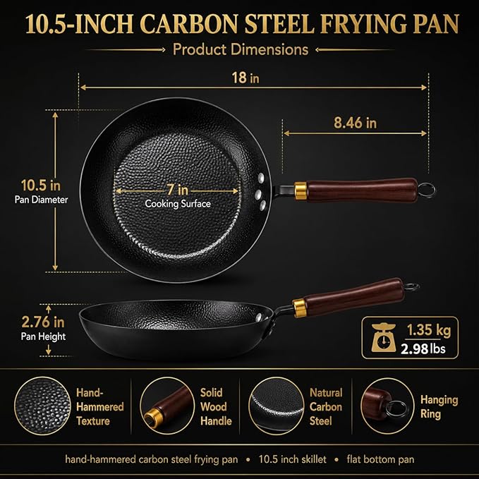 Calmabode 10.5” Hand-Hammered Carbon Steel Skillet with Glass Lid | Pre-seasoned coating-free carbon steel, flared rim, flat bottom, induction compatible, ideal for steak, eggs and searing