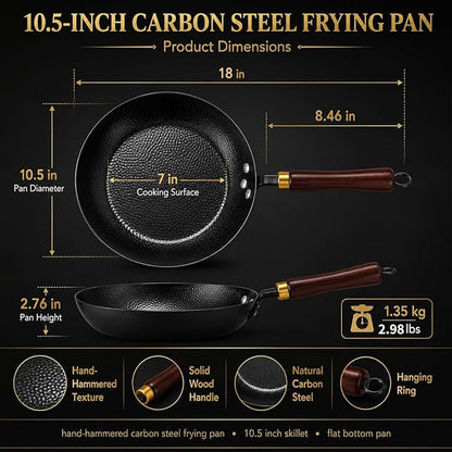 Calmabode 10.5” Hand-Hammered Carbon Steel Skillet with Glass Lid | Pre-seasoned coating-free carbon steel, flared rim, flat bottom, induction compatible, ideal for steak, eggs and searing