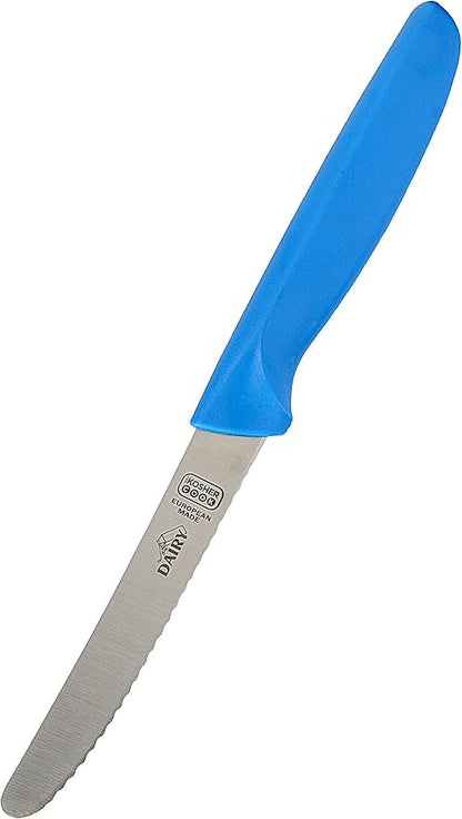 Dairy Blue Kitchen Knife - 4.5” Steak and Vegetable Knife - Razor Sharp Curved Tip, Serrated Edge - Color Coded Kitchen Tools by The Kosher Cook
