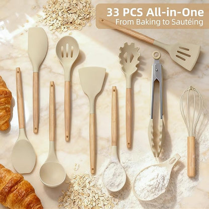 Silicone Cooking Utensils Set, 33PCS/446°F Heat Resistant Food Grade Silicone Kitchen Gadgets, Spatula Set w Holder, for Nonstick Cookware (BPA Free, Khaki)