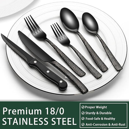 EWFEN 24-Piece Black Silverware Set with Steak Knives, Black Flatware Set for 4, Food-Grade Stainless Steel Tableware Cutlery Set, Mirror Finished Utensil Sets for Home Restaurant, Wave Hammered