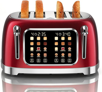 RONGBEST Retro 4 Slice Stainless Steel Toaster with Wide Slot Touch Screen for Family Breakfast, Reheat & Defrost, 6 Browning Levels for Bagel & Bread, Easy Removable Crumb Tray, Red Pearl