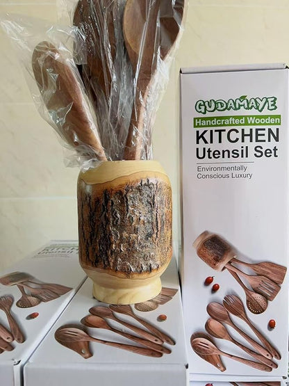 Gudamaye 13 inch Long Wooden Spoons for Cooking,Wooden Utensils for Cooking with Utensils Holder,9 PCES Wooden Kitchen Utensils Set with Utensils Holder and Spoon Rest,Natural Teak Wooden Spoons Set