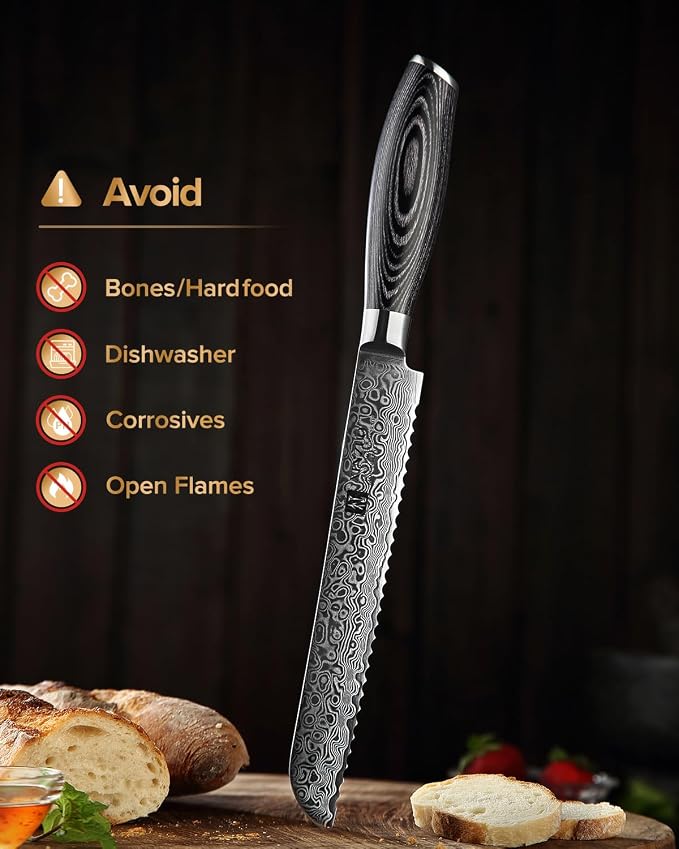 XINZUO Bread Knife 8 Inch,Professional Damascus Serrated Knife for Homemade Bread,Razor Sharp,Wide Wavy Edge for Bread, Bagels,Pizza and Cake, Gift Box Package