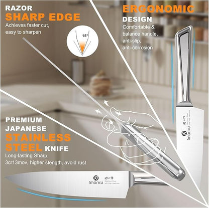 Knife Sets for Kitchen with Block imarku G14 Japanese Knife Set Stainless Steel Kitchen 14pcs, Built-in Sharpener, Sharp Knives with Non-slip Ergonomic Handle - Dishwasher Safe, Home Essential Gifts