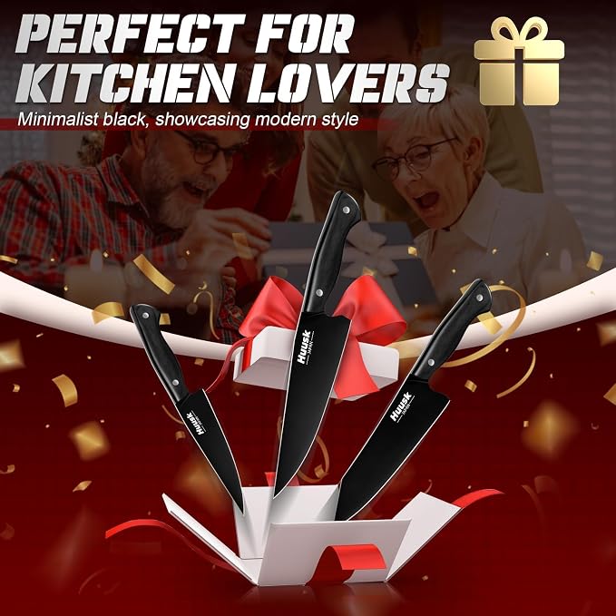 Huusk Japanese Chef Knife Set for Kitchen - 3 pcs Black Kitchen Knife Set with Titanium Coating, Stainless Cutting Knives Sets, Professional Cooking Knives for Vegetable Fruit Meat, Christmas Gift Men