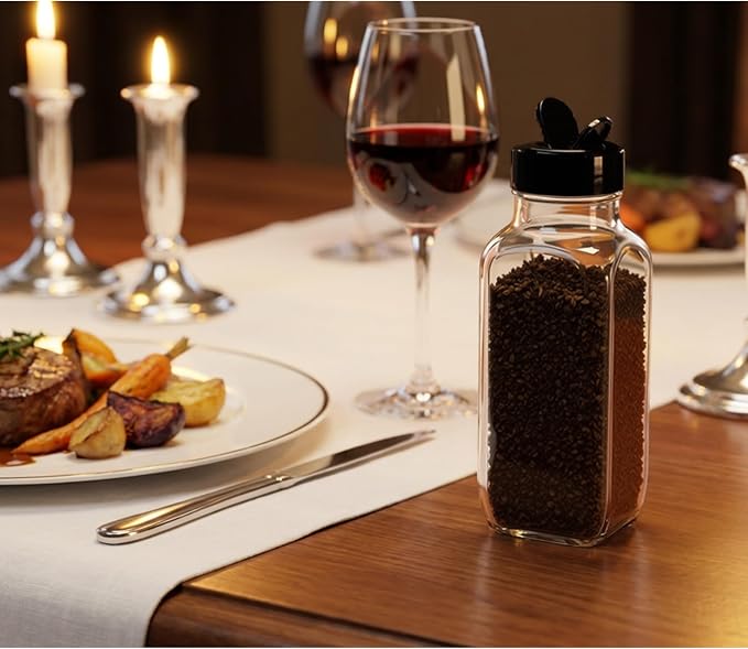 JARMING COLLECTIONS Glass Spice Jars with Shaker Lids - Spice Jars 8oz for Food Storage, Spice Containers for Kitchen Organization and Storage, Glass Organizing Bottles (French Square 8oz Blackx3)