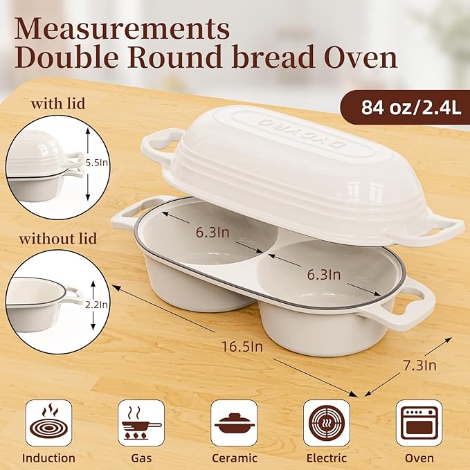 Dutch Oven For Sourdough Bread Baking – Enameled Cast Iron Dutch Oven Pot with Lid, Double Bread Loaf Pan – 500°F Oven Safe Non Stick Bread Pot for Homemade Bread, Meatloaf, Cake–Round Loaf Space, Even Heating– Cream White