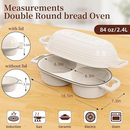 Dutch Oven For Sourdough Bread Baking – Enameled Cast Iron Dutch Oven Pot with Lid, Double Bread Loaf Pan – 500°F Oven Safe Non Stick Bread Pot for Homemade Bread, Meatloaf, Cake–Round Loaf Space, Even Heating– Cream White