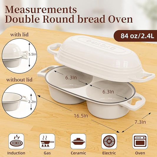 Dutch Oven For Sourdough Bread Baking – Enameled Cast Iron Dutch Oven Pot with Lid, Double Bread Loaf Pan – 500°F Oven Safe Non Stick Bread Pot for Homemade Bread, Meatloaf, Cake–Round Loaf Space, Even Heating– Cream White