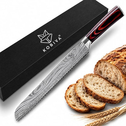 Premium 10-inch Serrated Bread Knife | Razor Sharp Cutter for Homemade Bread, Sourdough & Cake | Elegant Kitchen Essential for Effortless Slicing, Damascus Steel Lasered Pattern | Kitchen Gifts