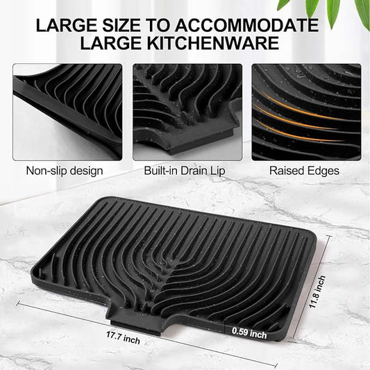 Dish Drying Mat for Kitchen Counter, with Built-in Drain Lip, Food-Grade Silicone, Easy Clean Pad for Countertop Protection, Multi-Functional Use (18 x12 Raised Sink, Black)