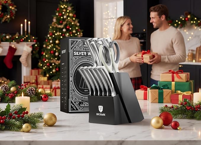 Block Knife Sets - Kitchen Knives Set with Block and Sharpener, Ultra Sharp Chef Knife, High Carbon Super German Stainless Steel, Ergonomic Handle Non Slip Grip, Gift for Men Women, Silver Wolf Series