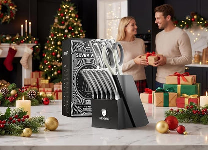 Block Knife Sets - Kitchen Knives Set with Block and Sharpener, Ultra Sharp Chef Knife, High Carbon Super German Stainless Steel, Ergonomic Handle Non Slip Grip, Gift for Men Women, Silver Wolf Series