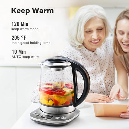 Mecity Electric Tea Kettle Borosilicate Glass Tea Maker With Temperature Control and Infuser - LCD Display and Preset Brewing Programs - 1.7 Liter Water Boiler