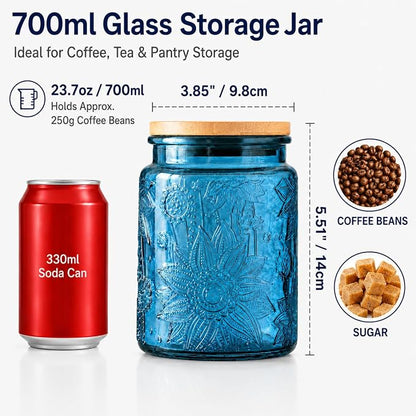 ANSQU 2 Pack Blue Glass Canisters with Lids, 23.7 oz Vintage Embossed Glass Jars, Airtight Food Storage Containers for Coffee Beans, Tea, Sugar, Candy, Cookies, Decorative Kitchen Pantry Organizer