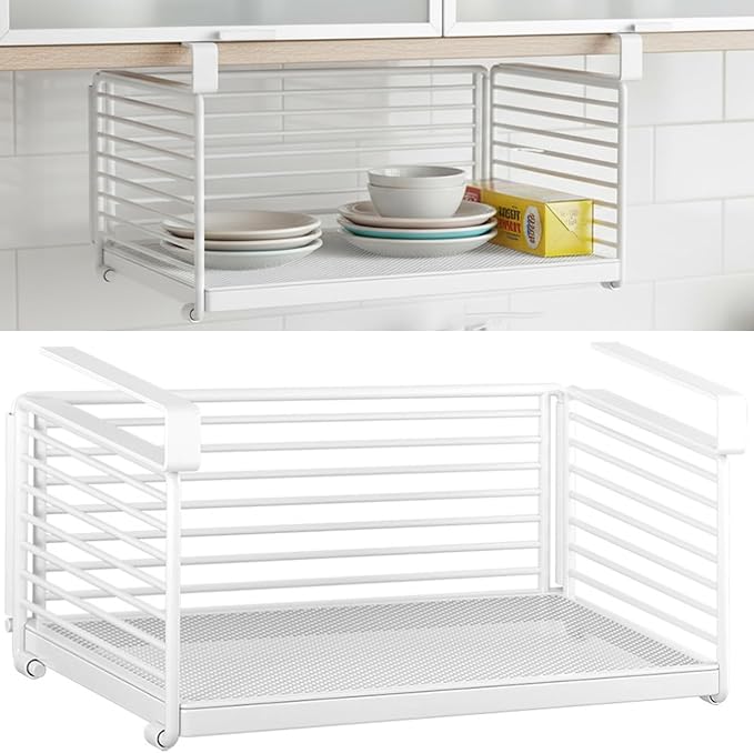 Under Shelf Storage Basket, Metal Wire Slide -in Under Cabinet Organizer, Space-Saving Hanging Organizer for Kitchen, Pantry, Office, Closet, White, 1 Pack(12.2")